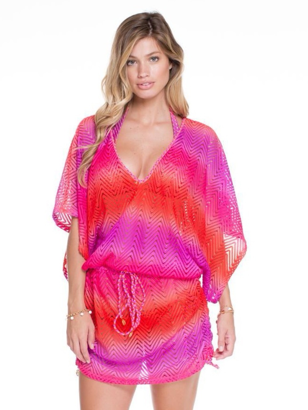 Luli Fama Sunset Angle Ombre Sunset Cabana V Neck Dress Coverup Size M
